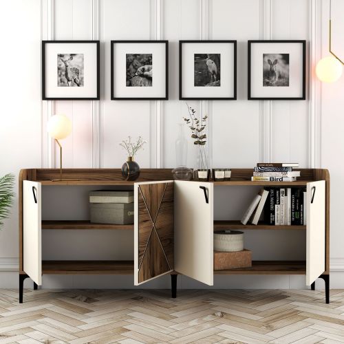 Credenza Bianco Crema Marrone Noce 2 Ripiani 4 Vani 180x35x78h cm, 4 Ante - Elini