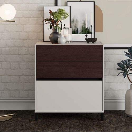 Credenza Bianco Crema Marrone Noce 3 Cassetti un Ripiano 80x40x88h cm, con Piedini - Amed