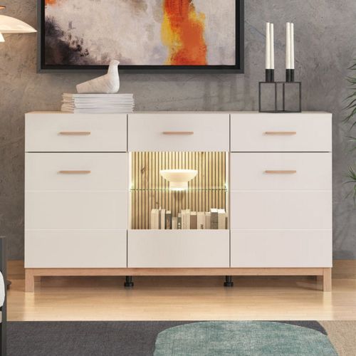 Credenza Bianco Crema Marrone Rovere 2 Cassetti 3 Ripiani 154x41.5x89h cm, Apertura Battente e Scorrevole - Nereto