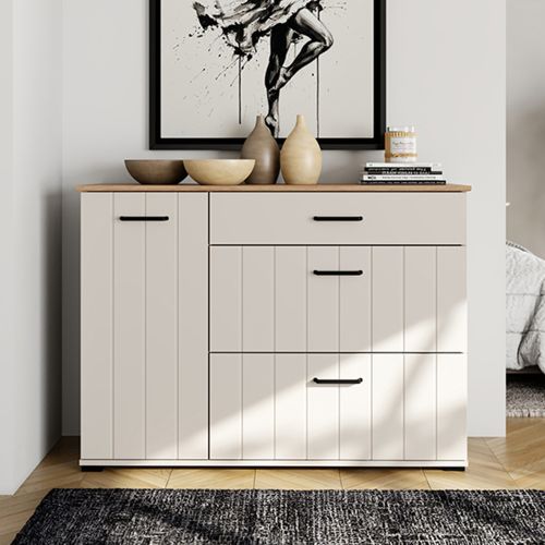 Credenza Bianco Crema Marrone Rovere 2 Ripiani 3 Cassetti 117x40x86h cm, Un'anta - Paro
