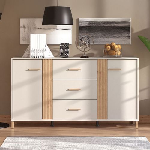Credenza Bianco Crema Marrone Rovere 2 Ripiani 3 Cassetti 163.5x40x90h cm, 2 Ante - Frisanco