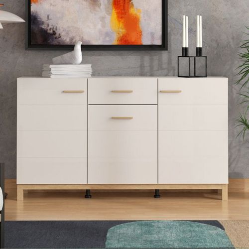 Credenza Bianco Crema Marrone Rovere 3 Ripiani un Cassetto 154x41.5x89h cm, 3 Ante - Pianico