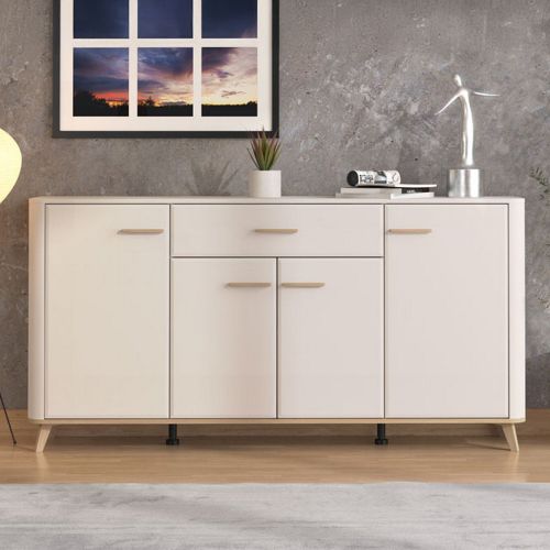 Credenza Bianco Crema Marrone Rovere 3 Ripiani un Cassetto 179.5x40x90.5h cm, 4 Ante - Illorai