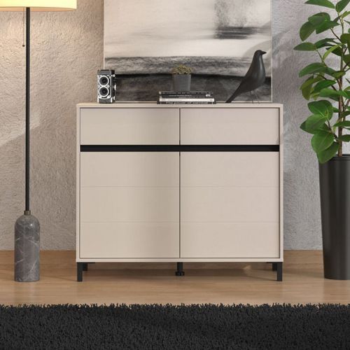 Credenza Bianco Crema Nero 2 Cassetti 2 Ripiani 106x40x90h cm, Apertura Battente, Scorrevole - Giarree