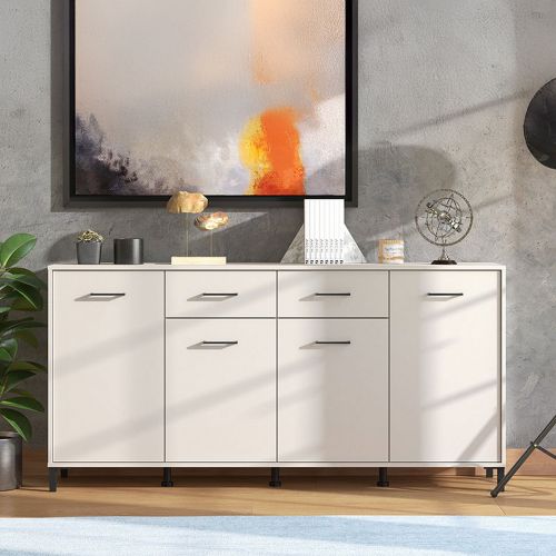 Credenza Bianco Crema Nero 2 Cassetti 4 Ripiani 183x40x90h cm, Apertura Battente, Scorrevole - Grondona