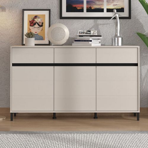 Credenza Bianco Crema Nero 3 Cassetti 3 Ripiani 157x40x90h cm, Apertura Battente e Scorrevole - Giarre