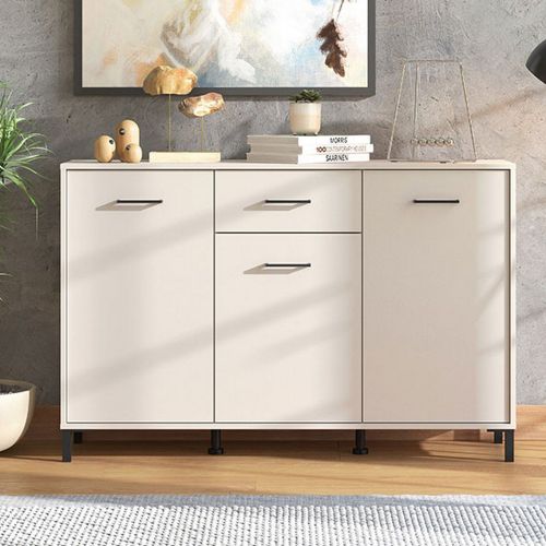 Credenza Bianco Crema Nero un Cassetto 3 Ripiani 138x40x90h cm, Apertura Battente e Scorrevole - Laerru
