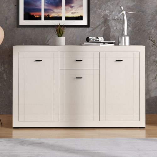Credenza Bianco Crema Nero un Cassetto 3 Ripiani 147.5x41.5x91.5h cm, Apertura Battente e Scorrevole - Perca