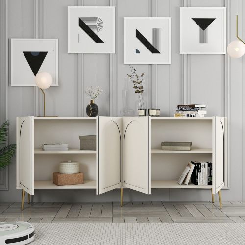 Credenza Bianco Crema oro 2 Ripiani 4 Vani 180x35x80h cm, 4 Ante - Torno