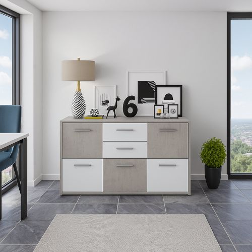 Credenza Bianco Grigio Cemento 2 Cassetti Ripiani 114x33x78h cm, Apertura - Pineto