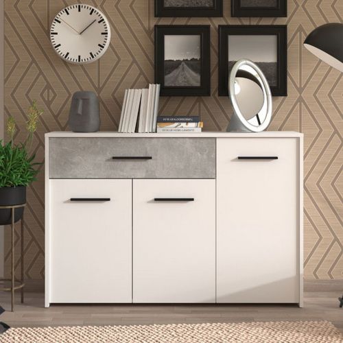Credenza Bianco Grigio Cemento un Cassetto 2 Ripiani 119x33x80.5h cm, Apertura Battente e Scorrevole - Sanza