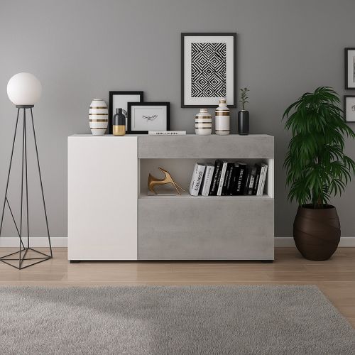 Credenza Bianco Grigio Cemento un Cassetto 2 Ripiani 130x41x82h cm, Apertura Battente, a Ribalta - Carbonia