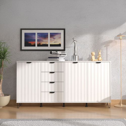 Credenza Bianco Grigio Chiaro 3 Ripiani 4 Cassetti 182.5x40x90.5h cm, 3 Ante - Paglieta