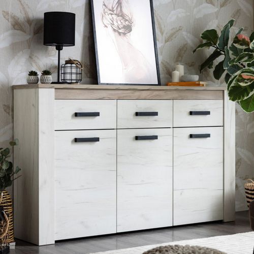 Credenza Bianco Larice Marrone Rovere 3 Ripiani 3 Cassetti 160x36.5x98h cm, 3 Ante - Scena