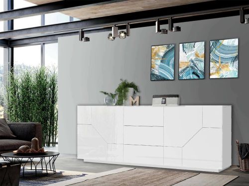 Credenza bianco lucida 220x43x86h cm 4 ante e 3 cassetti - Almira