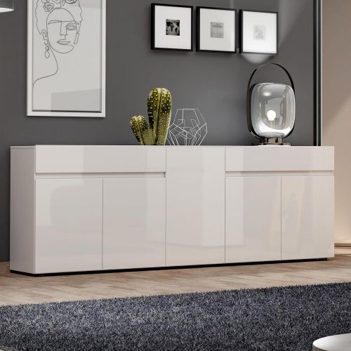 Credenza bianco lucida 225x38x79h cm 5 ante e 2 cassetti - Elenia
