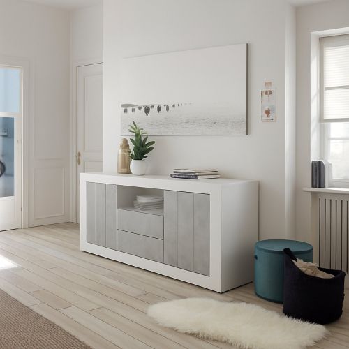 Credenza bianco lucida,cemento 184x42x86h cm 2 ante e 2 cassetti - Antina