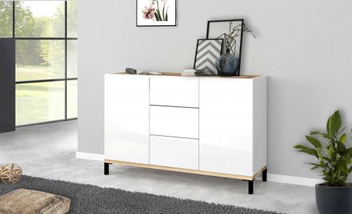 Credenza bianco lucida e acero 120x40x80h cm 2 ante e 3 cassetti - Jessie