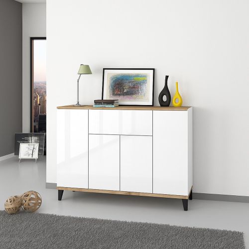 Credenza bianco lucida e acero 120x40x82h cm 3 ante e 1 cassetto - Albatross