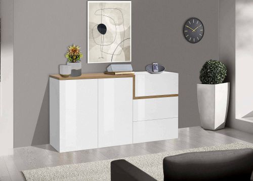 Credenza bianco lucida e acero 150x40x80h cm 2 ante e 3 cassetti - Asgard