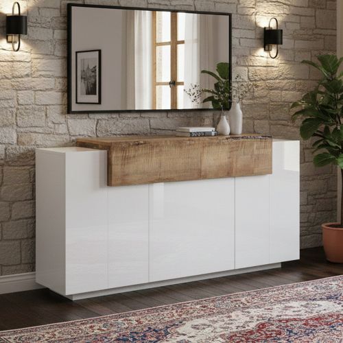 Credenza bianco lucida e acero 160x45x85h cm 4 ante - Aschly