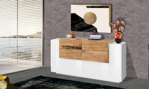 Credenza bianco lucida e acero 160x45x86h cm 2 ante e 4 cassetti - Ashi