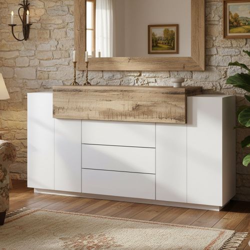 Credenza bianco lucida e acero 160x45x86h cm 3 ante e 3 cassetti - Arbon
