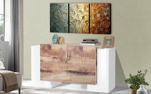 Credenza bianco lucida e acero 170x45x85h cm 4 ante e 2 cassetti - Alei