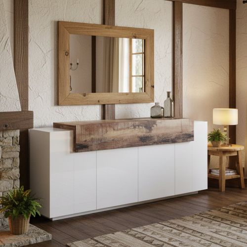 Credenza bianco lucida e acero 200x45x85h cm 5 ante - Discordia
