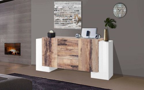 Credenza bianco lucida e acero 210x45x85h cm 4 ante e 3 cassetti - Alchemy
