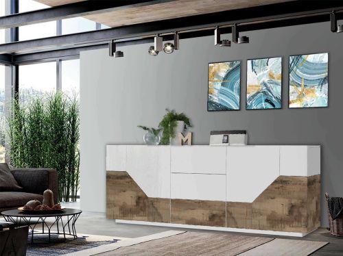 Credenza bianco lucida e acero 220x43x86h cm 4 ante e 3 cassetti - Almira