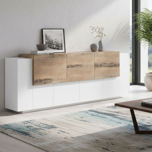 Credenza bianco lucida e acero 220x45x86h cm 5 ante e 2 cassetti - Akirum