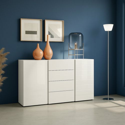 Credenza bianco lucida e antracite 140x38x92h cm 2 ante e 4 cassetti - Ernesta