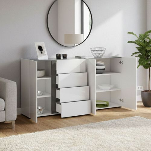 Credenza bianco lucida e antracite 180x38x92h cm 3 ante e 4 cassetti - Baveno