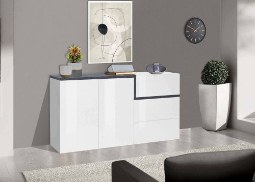 Credenza bianco lucida e ardesia 150x40x80h cm 2 ante e 3 cassetti - Asgard