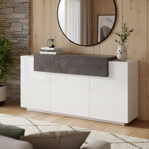 Credenza bianco lucida e ardesia 160x45x85h cm 4 ante - Aschly