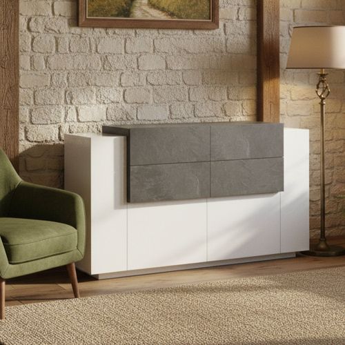 Credenza bianco lucida e ardesia 160x45x86h cm 2 ante e 4 cassetti - Ashi