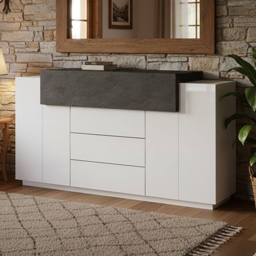 Credenza bianco lucida e ardesia 160x45x86h cm 3 ante e 3 cassetti - Arbon
