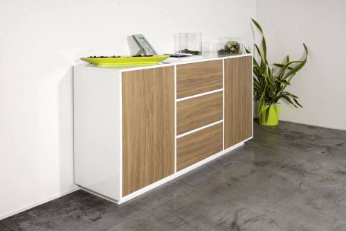 Credenza bianco lucida e noce 160x41x86h cm 2 ante e 3 cassetti - Aysha