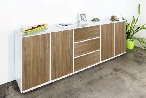 Credenza bianco lucida e noce 220x41x86h cm 4 ante e 3 cassetti - Arrachis