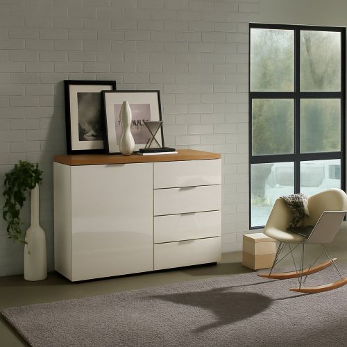 Credenza bianco lucida e rovere 120x43x89h cm 1 anta e 4 cassetti - Bagwis