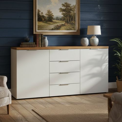 Credenza bianco lucida e rovere 180x43x89h cm 2 ante e 4 cassetti - Satriano