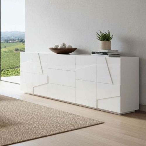 Credenza bianco lucida moderna 224x44x86h cm 4 ante e 3 cassetti - Zeus