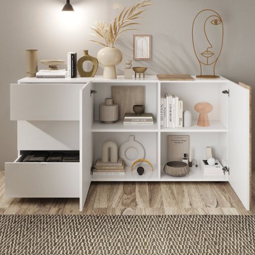 Credenza Bianco Lucido 2 Ripiani 3 Cassetti 181x44x84h cm, 4 Vani - Busi