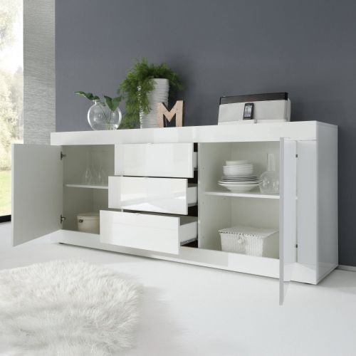 Credenza Bianco Lucido 2 Ripiani 3 Cassetti 210x42x85.8h cm, 4 Vani - Pasubio