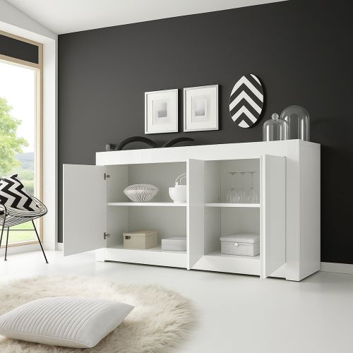 Credenza Bianco Lucido 2 Ripiani 4 Vani 160x42x85.8h cm, 3 Ante - Introbio