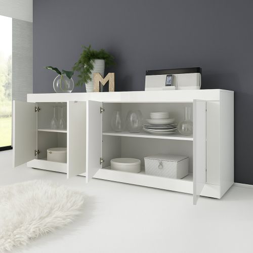 Credenza Bianco Lucido 2 Ripiani 4 Vani 207x43x86h cm, 4 Ante - Poli