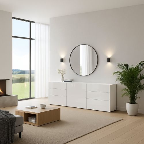 Credenza Bianco Lucido 6 Cassetti Un'anta 170x40x60.2h cm, Apertura Battente e Scorrevole - Agito