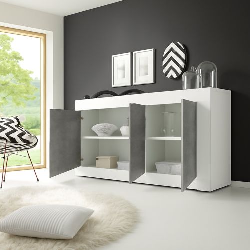 Credenza Bianco Lucido Grigio Cemento 2 Ripiani 4 Vani 160x42x85.8h cm, 3 Ante - Introbio