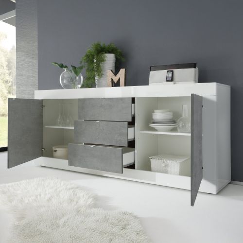 Credenza Bianco Lucido Grigio Cemento 3 Cassetti 2 Ripiani 210x42x85.8h cm, 2 Ante - Pasubio